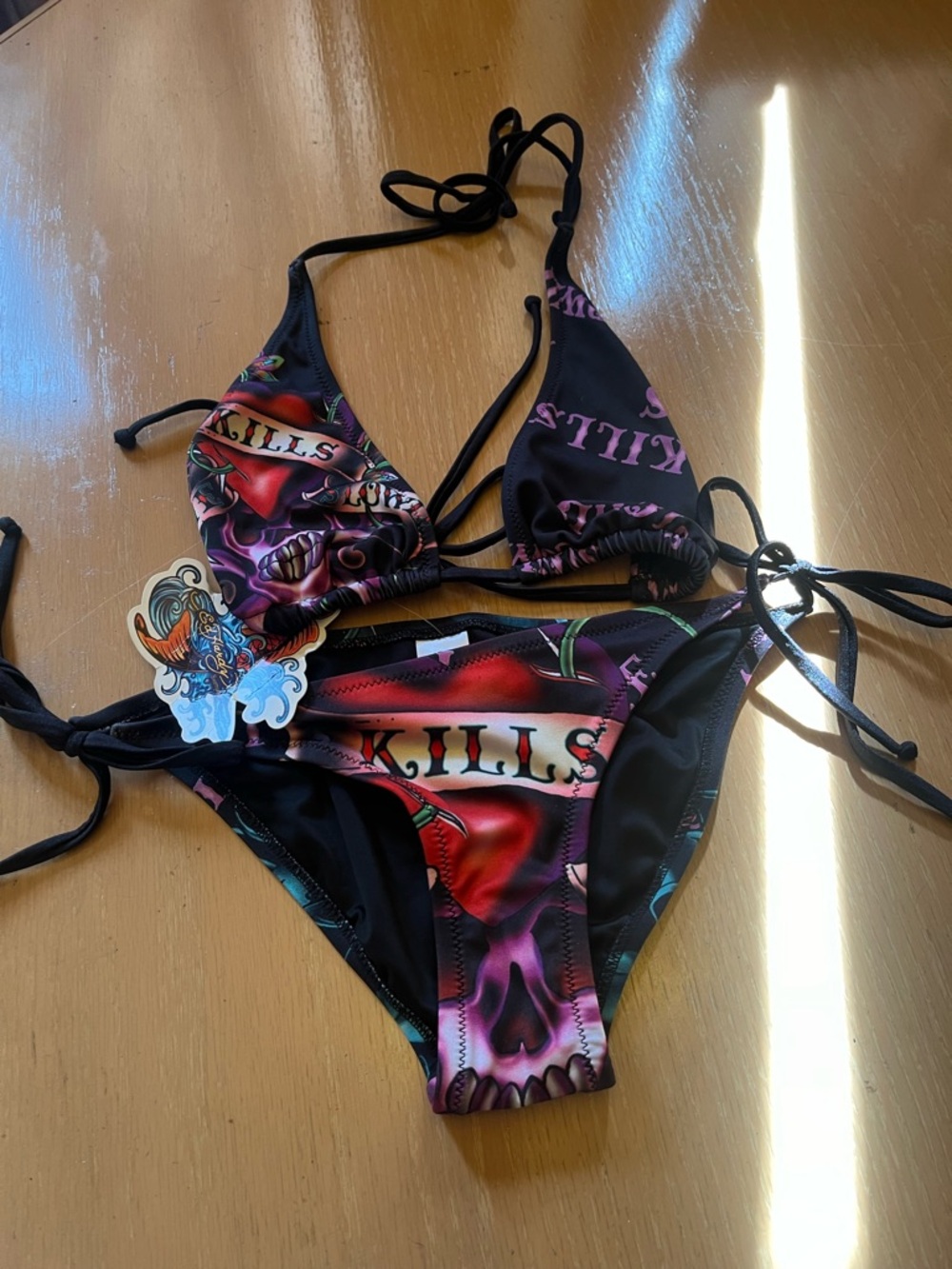 Vintage Ed Hardy Love Kills Graphic Tie-Side Triangle Bikini new w Tags